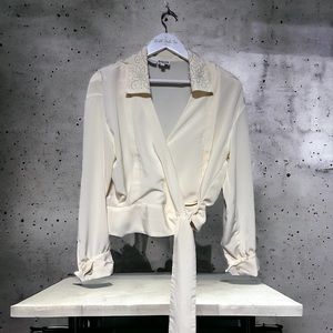 Vintage Anne Klein Cream Wrap Top Embellished Pearl Collar & Shoulder Pads Med